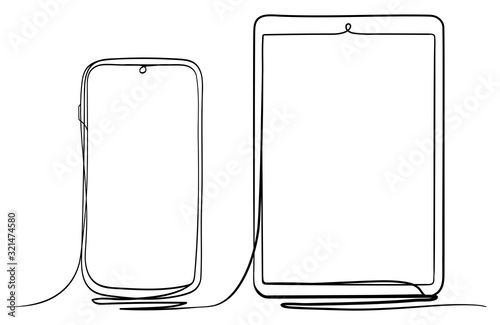 Tablet PC and Smart Phone Hand Drawn Continuous Line Art Vector Illustration. Isolated on White Background.