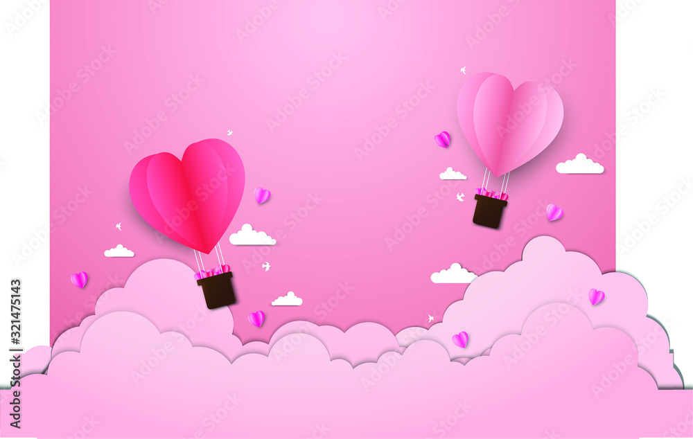 Paper art of balloons flying in the sky.Valentines Concept.