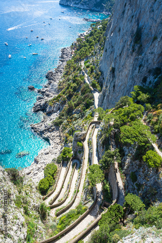 Beautiful sunny day at Via Krupp, on the coast of Mediterranean Sea - Capri Island ,Italy.