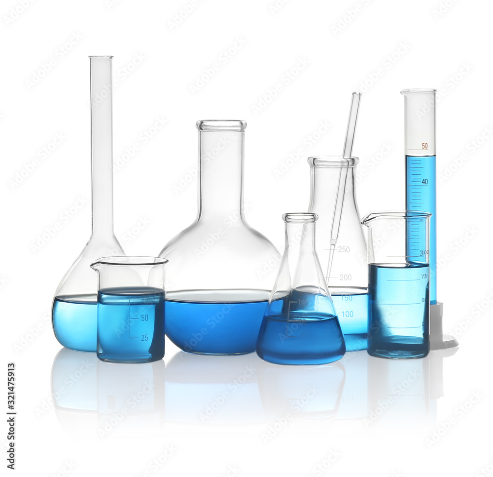 Different laboratory glassware with light blue liquid isolated on white Different laboratory glassware with light blue liquid isolated on white