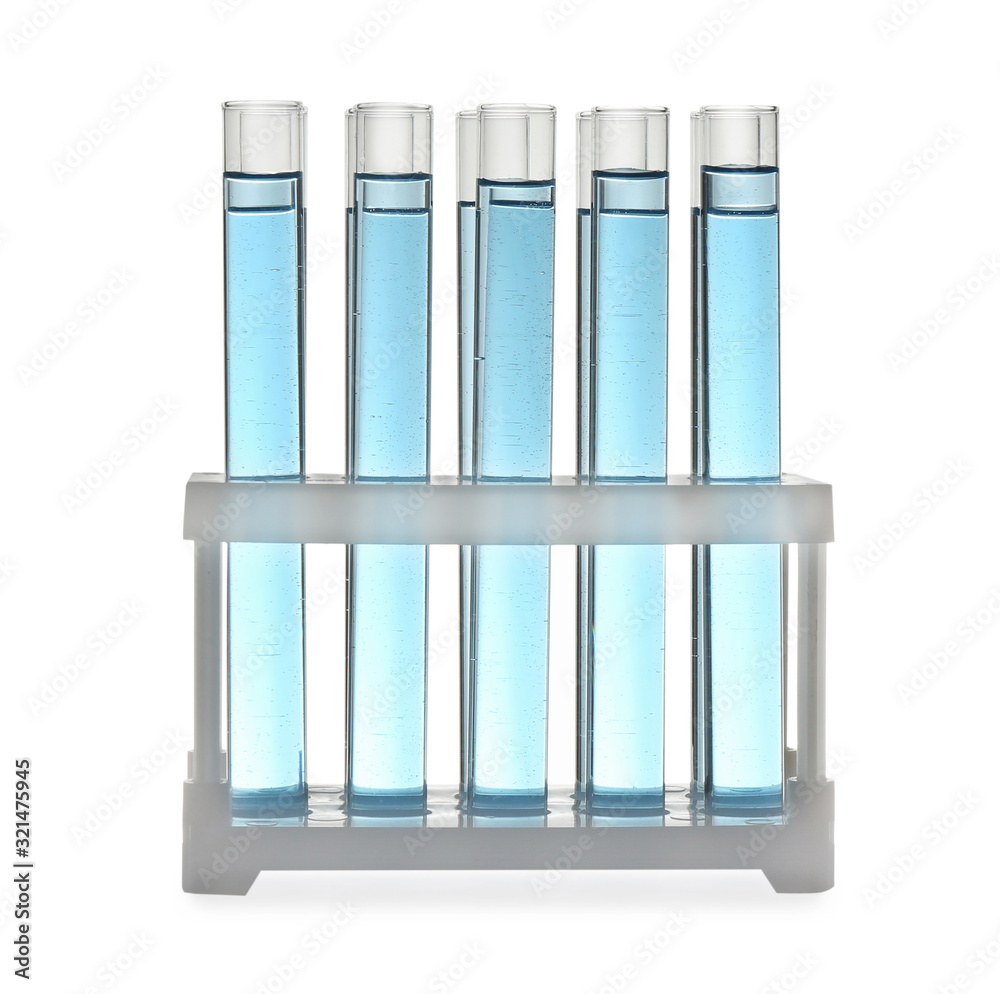Test tubes with light blue liquid in rack isolated on white Test tubes with light blue liquid in rack isolated on white