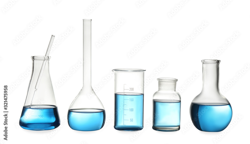 Different laboratory glassware with light blue liquid isolated on white Different laboratory glassware with light blue liquid isolated on white
