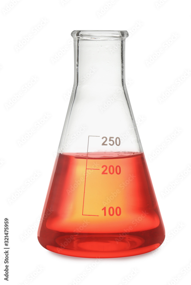 Conical flask with red liquid isolated on white Conical flask with red liquid isolated on white