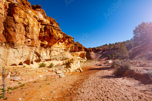 Rock formation and dry river bed in near the Zebra spot Canyon in Utah national park, USA