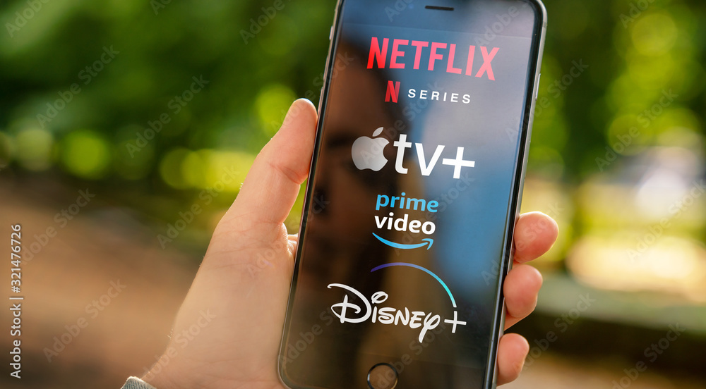 Video Streaming like Disney plus, TV plus, amazon and netflix on Apple iPhone. foto Stock | Adobe Stock
