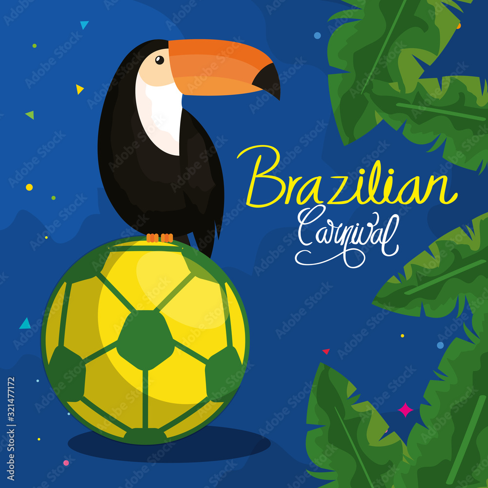 Naklejka premium poster of carnival brazilian with toucan and soccer ball