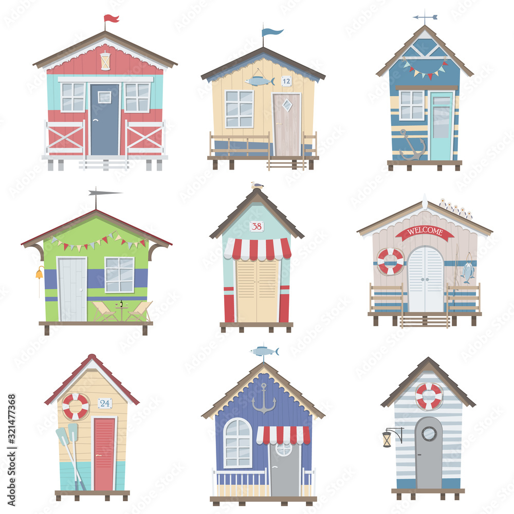 Set of nine beach stilt houses isolated on a white background.