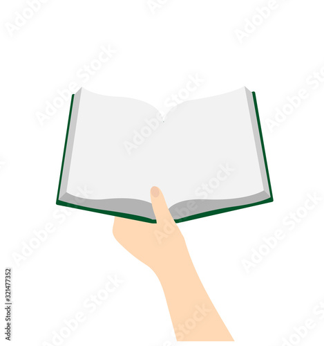 Hand holding open blank book for read. Hand book reading vector illustration