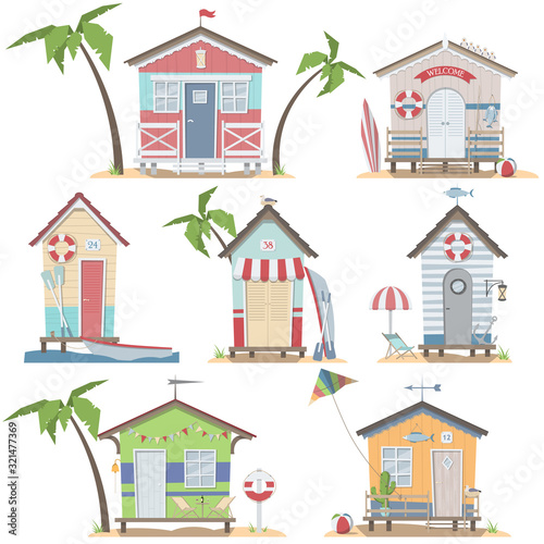 Set of seven beach stilt houses isolated on a white background.
