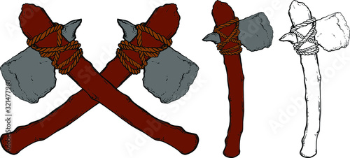 Primitive stone ax with a blade tied with a rope to a wooden handle. weapons and tools of the first cavemen of the Stone Age