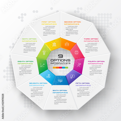 Nonagon infographic,Colorful template with 9 options,Vector illustration.