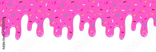 Fototapet Pink ice cream melted with colorful cute candy sprinkles long border, banner sea
