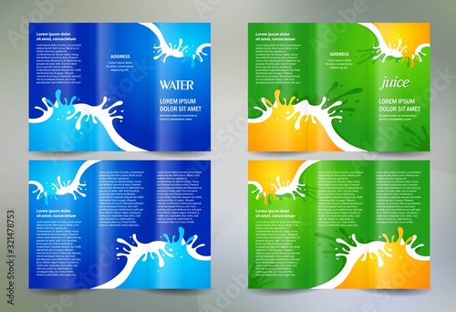 Business brochure set design template folder booklet tri-fold water aqua blue, juice splash orange drops element