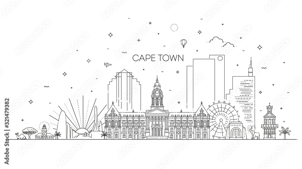 South Africa, Cape Town architecture line skyline illustration