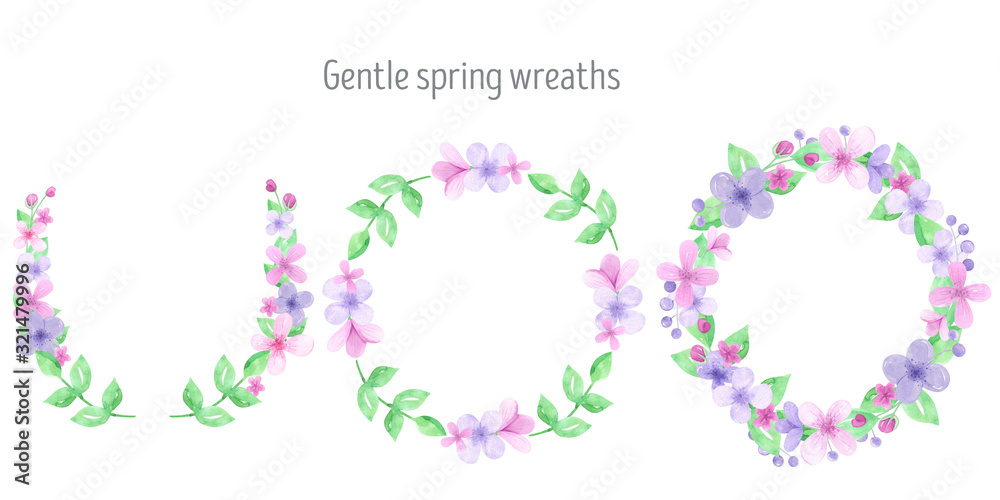 Watercolor spring wreath of pastel flowers and spring greens. Happy Easter, Wild Illustration frame delicate pink and lilac flowers