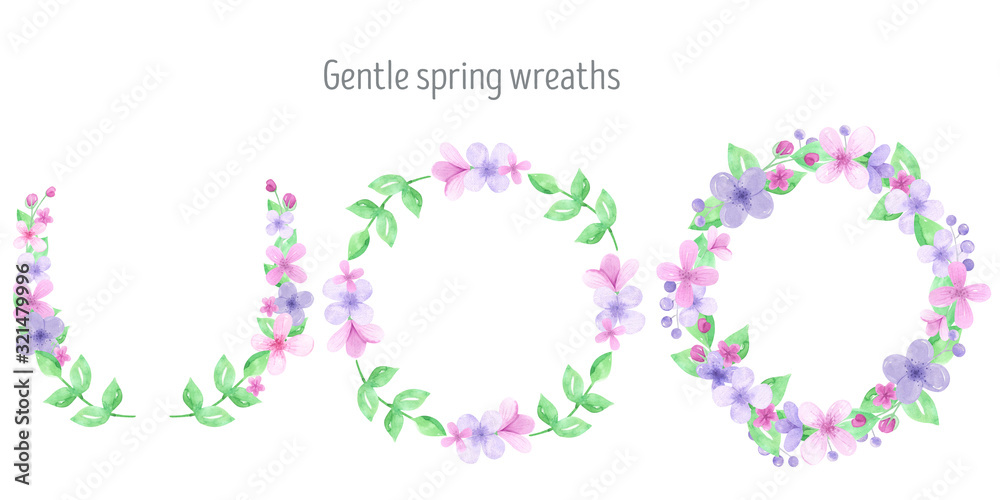 Watercolor spring wreath of pastel flowers and spring greens. Happy Easter, Wild Illustration frame delicate pink and lilac flowers Watercolor spring wreath of pastel flowers and spring greens. Happy Easter, Wild Illustration frame delicate pink and lilac flowers