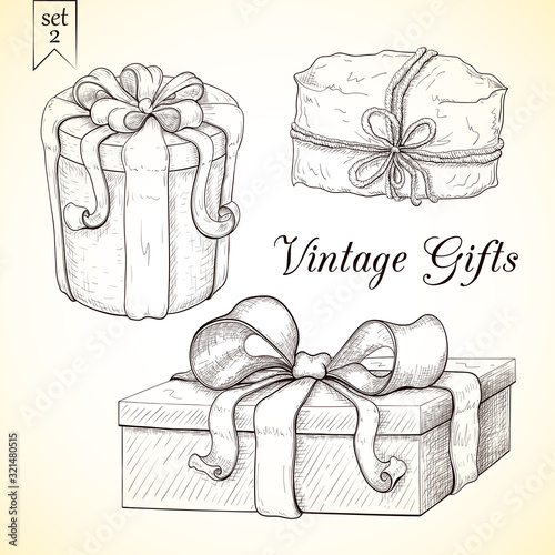 hand drawn vintage gift box collection. engraved illustration of presents isolated. icon set of present boxes with bow and ribbon. wrapped gifts sketch. Vector monochrome line art. Silhouette of boxes