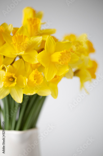 Daffodil yellow flowers bunch vase white spring time simple minimal calm © graham