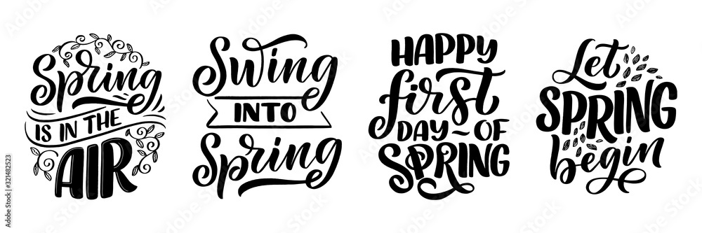 Set with Spring time lettering greeting cards. Fun season slogans. Typography posters or banners for promotion and sale design. Calligraphy prints. Vector Set with Spring time lettering greeting cards. Fun season slogans. Typography posters or banners for promotion and sale design. Calligraphy prints. Vector