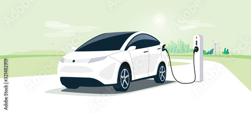 Electric car on charging station with green city street skyline. Battery EV vehicle plugged and getting electricity from renewable power generations solar panel, wind turbine. Vehicle being charged.