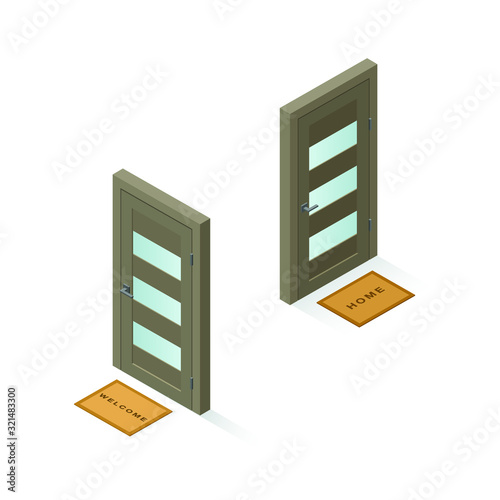 Vector isometric front doors with carpet. Interior constructor 