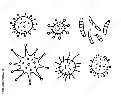 Virus icon set. The Molecule viral bacteria infection. Coronavirus. Flu laboratory infection test. Contour doodle outline hand drawn