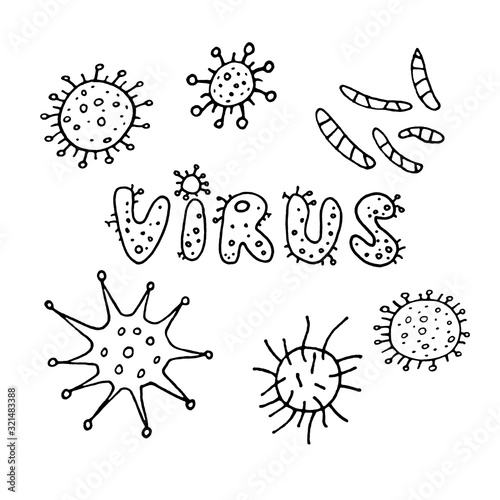 Coronavirus,Virus. Outline contour lettering doodle handwritten black and white