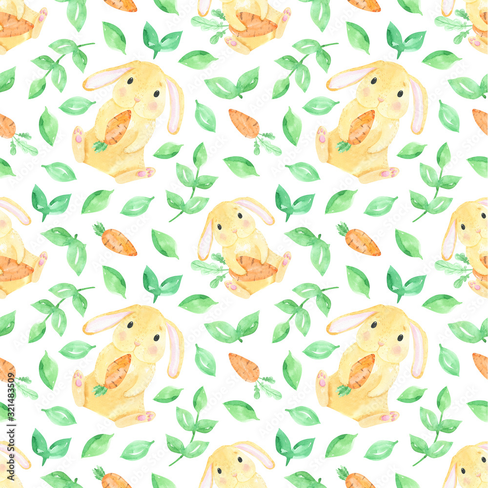 Obraz premium Watercolor seamless pattern cute red rabbit, funny bunny. Baby cute animal, forest animal, farm. Carrot, grenery. Happy easter print, Easter Bunny, digital paper.