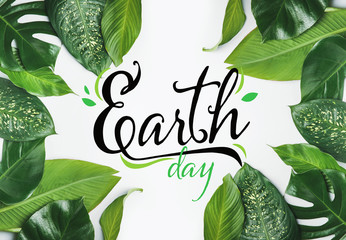 Text EARTH DAY and fresh tropical leaves on white background