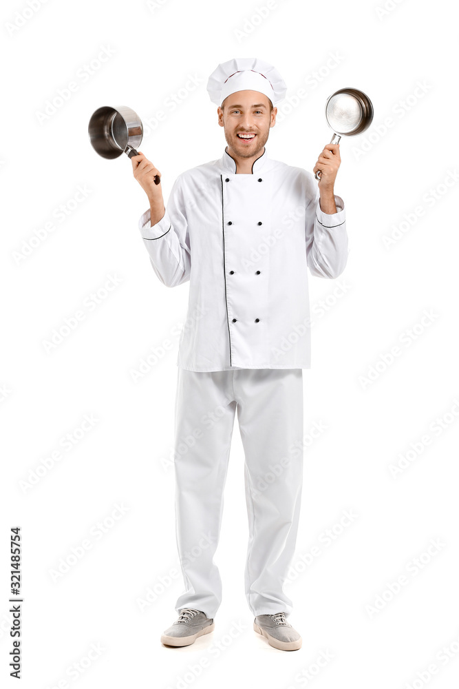 Handsome male chef with saucepans on white background Handsome male chef with saucepans on white background
