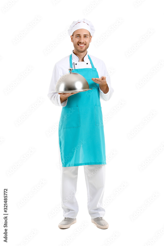 Handsome male chef with tray and cloche on white background Handsome male chef with tray and cloche on white background