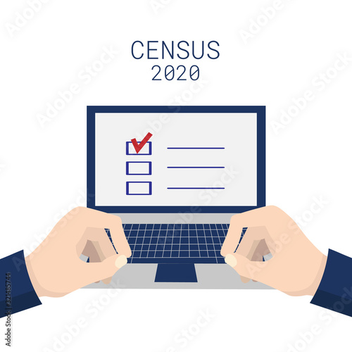 Population census 2020. Hands typing on a laptop keyboard. Isolated on white background. Vector stock illustration photo