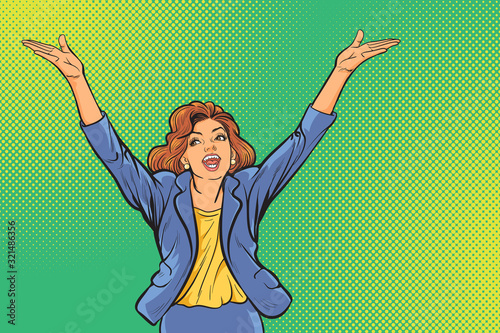 Raised arms businesswoman celebrating achievement.