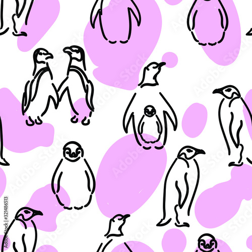 Penguins animals , birds vector seamless pattern with pink stains . Concept for print, textile, cards