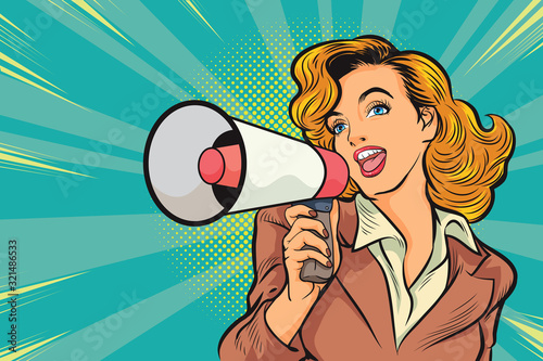 Pop Art beutiful woman with Megaphone