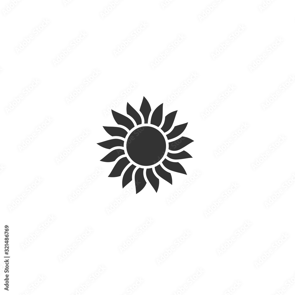 Black flat icon of sunflower. Bloom with big sharp petals and round core.