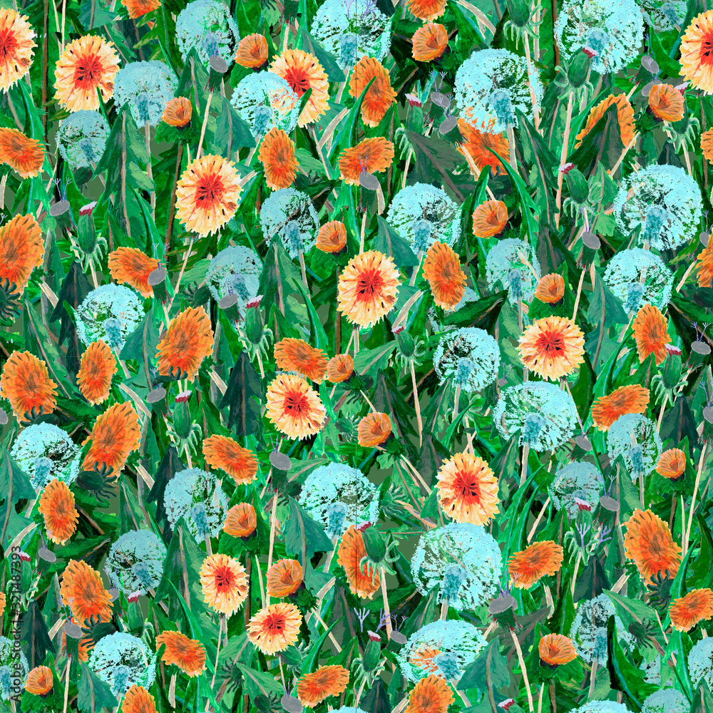 summer border of dandelions, green leaves and orange flowers. illustration for a postcard or greeting. pattern with flowers. seamless pattern