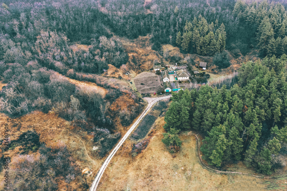 A village house with a dirt road near the burnt forest. Photo from a drone from a height of 70 meters.