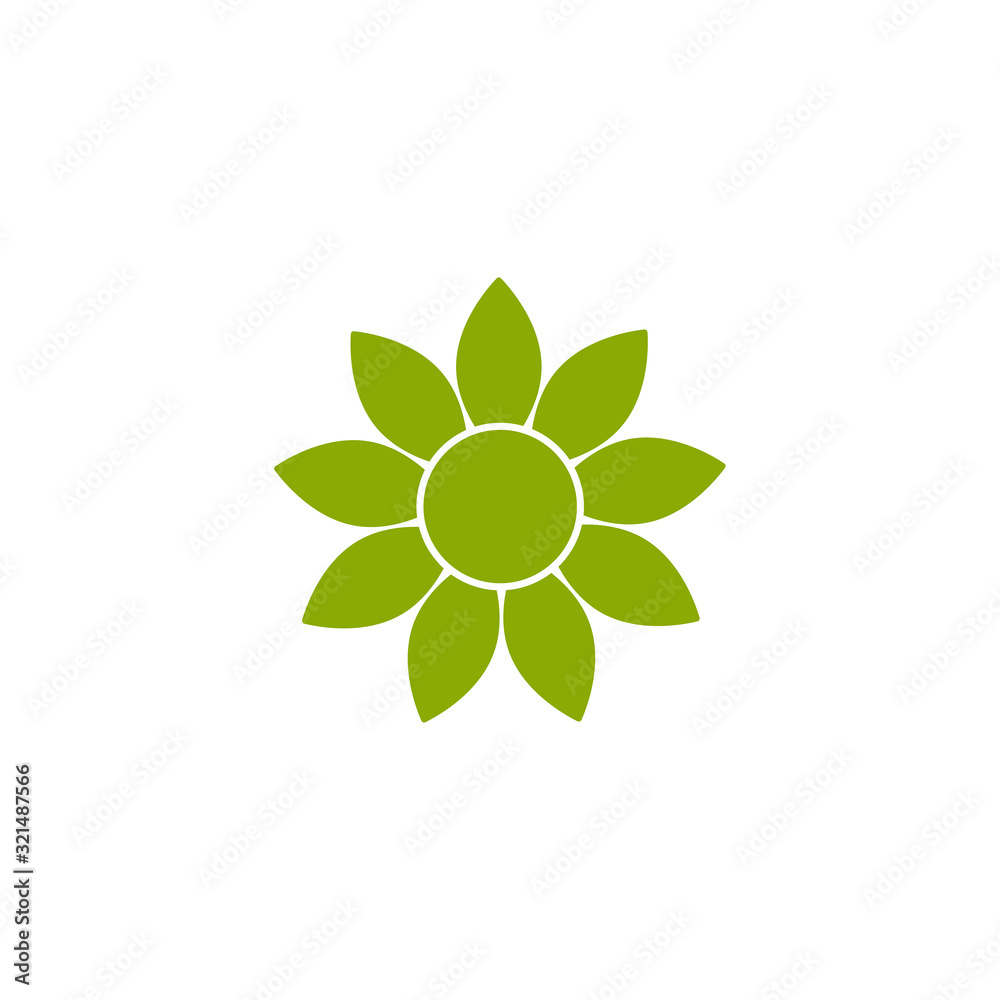 Green flat icon of sunflower with 9 sharp petals. Isolated on white. Green flat icon of sunflower with 9 sharp petals. Isolated on white.