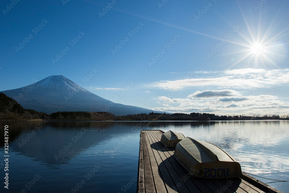 湖とボートと富士山