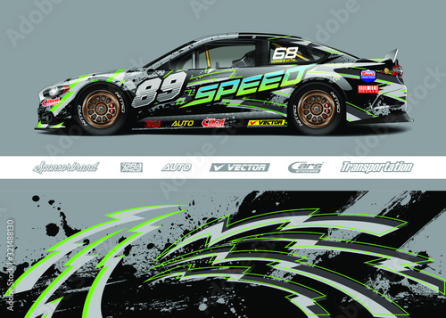 Race car livery design vector. Graphic abstract stripe racing background designs for vinyl wrap, race car, cargo van, pickup truck and adventure. Full vector Eps 10.