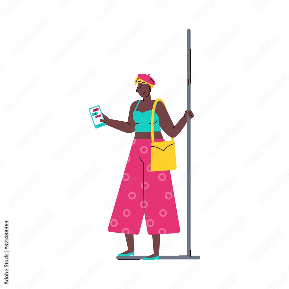 African american woman with phone in subway train vector illustration isolated. African american woman with phone in subway train vector illustration isolated.