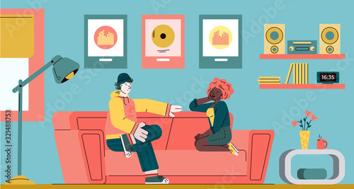 Couple sitting on couch and talking vector illustration in sketch cartoon style.