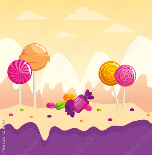 candy land with lollipops and caramels