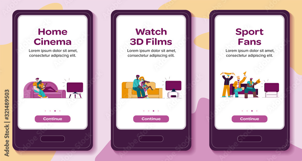 Apps interfaces for home cinema and sports broadcasting, vector illustration. Apps interfaces for home cinema and sports broadcasting, vector illustration.