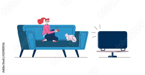 Woman with cat at home watching TV, sketch doodle vector illustration isolated.