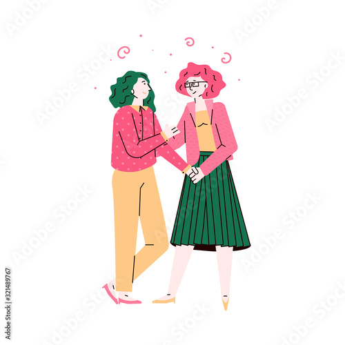 Two young girls best friends together, sketch vector illustration isolated.