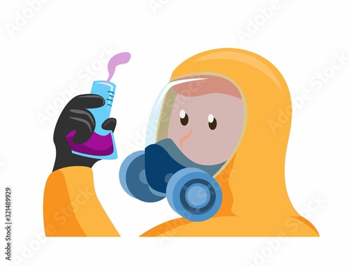 man in biohazard protective outfit holding lab glass test tube, scientist with gas mask suit for toxic and chemical protection cartoon flat illustration vector