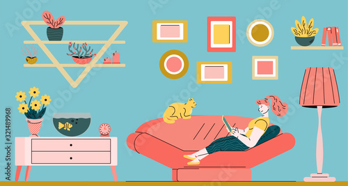 Young woman busy with freelance work at home, cartoon vector illustration.