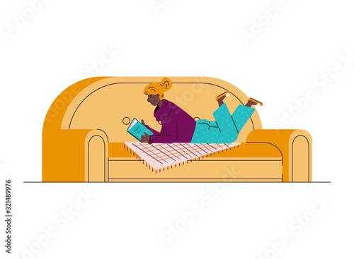 Woman enjoys vacant time and book on sofa,sketch vector illustration isolated.
